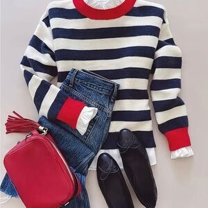 Striped Crewneck Sweater with Red Trim - Women